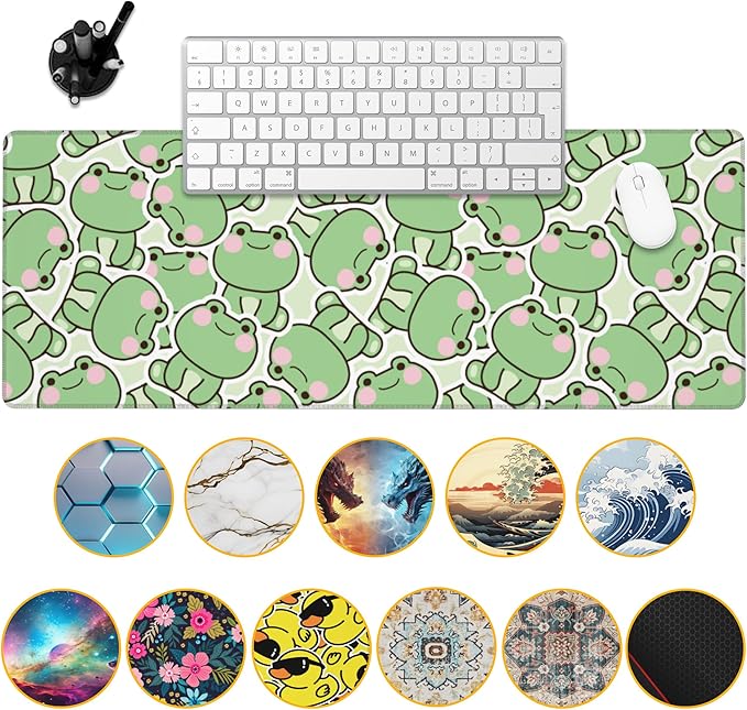 Kawaii Frog Gaming Mouse Pad,Green Cute Desk Mat,31.5""X15.7"" Large Desk Pad with Stitched Edge Non-Slip Base Keyboard Big Mouse Pad for Office Home Work Gaming, WDQ-D09