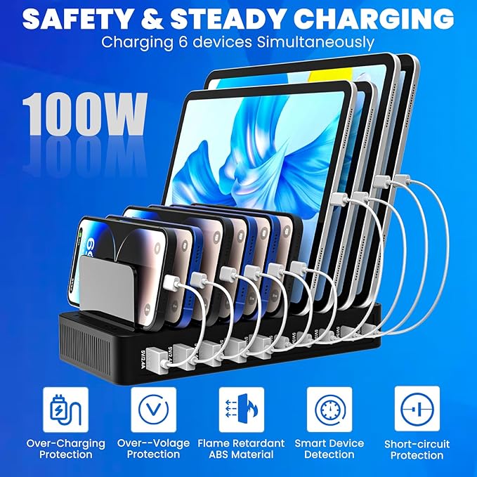 Charging Station for Multiple Devices,100W 10-Port Multi USB Charger with Power Switch,Adjustable Dividers and Type-C 3A for iPhone Galaxy iPad Tablet(Short Cables Not Included)