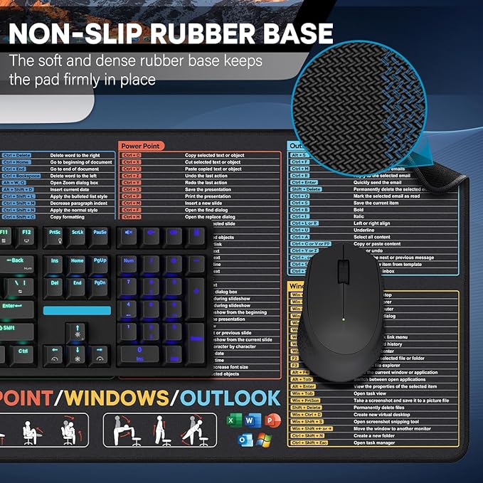 Excel/Word/PowerPoint/Windows/Outlook Cheat Sheet Desk Pad, Large Gaming Office pc Desk mat with Non-Slip Stitched Edge (31.5 x 11.8 inch)