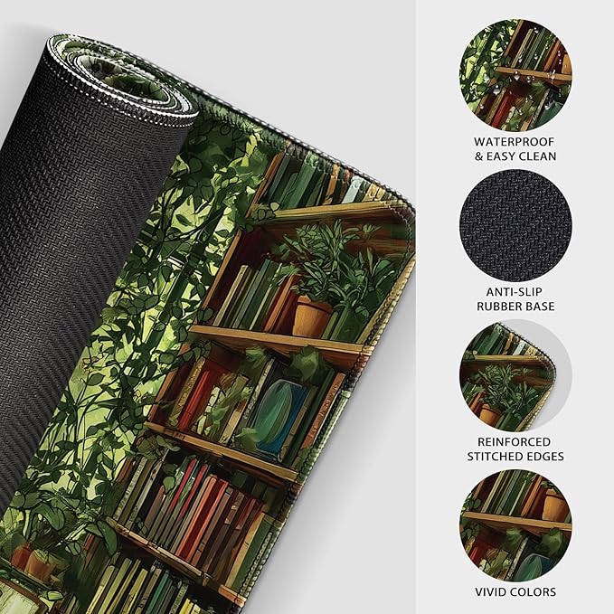 Green Library Study Room Large Gaming Mouse Pad 31.5"x15.7"｜XXL Desk Mat, Non-Slip Rubber Base & Stitched Edges - Extended Waterproof Mousepad for PC/Laptop/Office/Home Decor