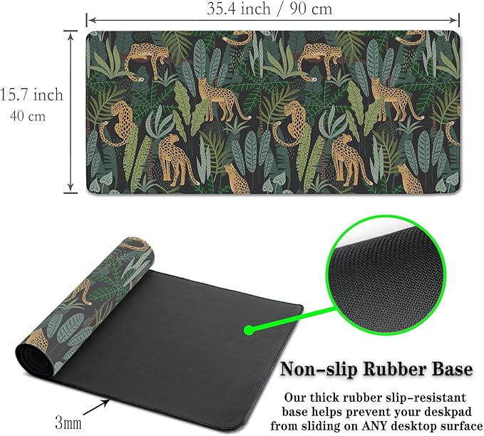 Extra Large Mouse Pad Yellow Green Office Desk Mats Gaming Mousepad Ga Mouse Pad Non-Slip Rubber Base Waterproof with Stitched Edges 35.4" X 15.7" for Game Office, Tropical Leaves