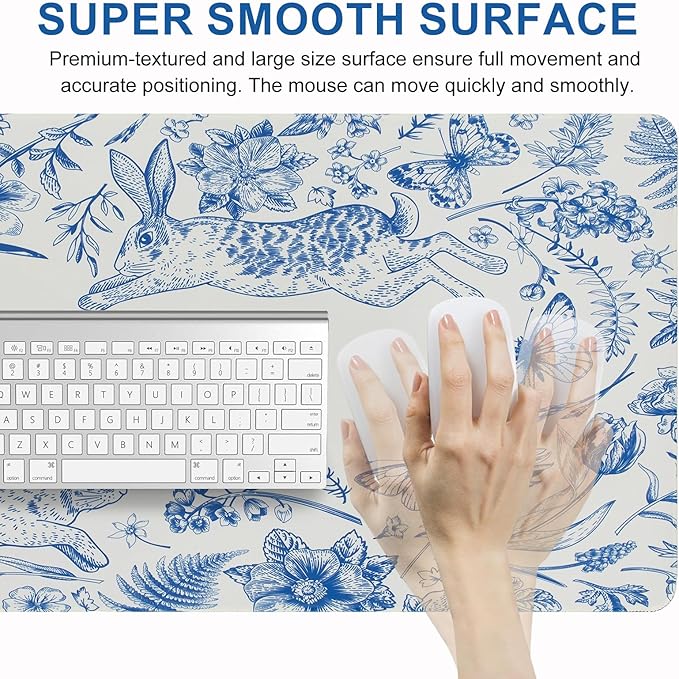 L-SPOUTTO Blue Floral Desk Mat for Keyboard and Mouse,Cute XXL Gaming Mouse Pad,Large 35.4x15.7in Non-Slip Rubber Base Keyboard Pad Waterproof Desktop Mat for Laptop Computer Work Home Office-Rabbits