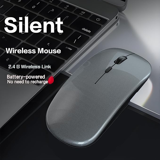 Wireless Mouse, 2.4G Noiseless Mouse with USB Receiver - Portable Computer Mice for PC, Tablet, Laptop with Windows System - Grey