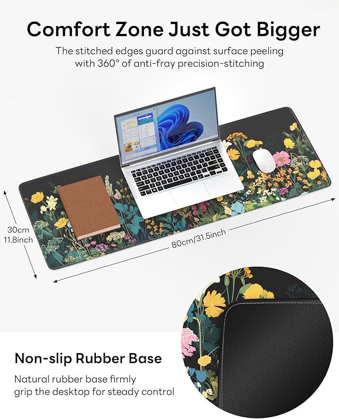 Floral Mouse Pad, 31.5 x 11.8 Large Desk Mat with Stitched Edges & Non-Slip Base, Mousepad for Office, Home, Work, Night Flowers