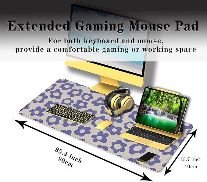 Gaming Mouse Pad Purple, Big Mouse Pads Desk Pad for Women Office Decor Office Desk Mats, Pad for Mouse Waterproof Non-Slip Rubber Base, 35.4 X 15.7 inch for Work/Game/Office/Home Flowers