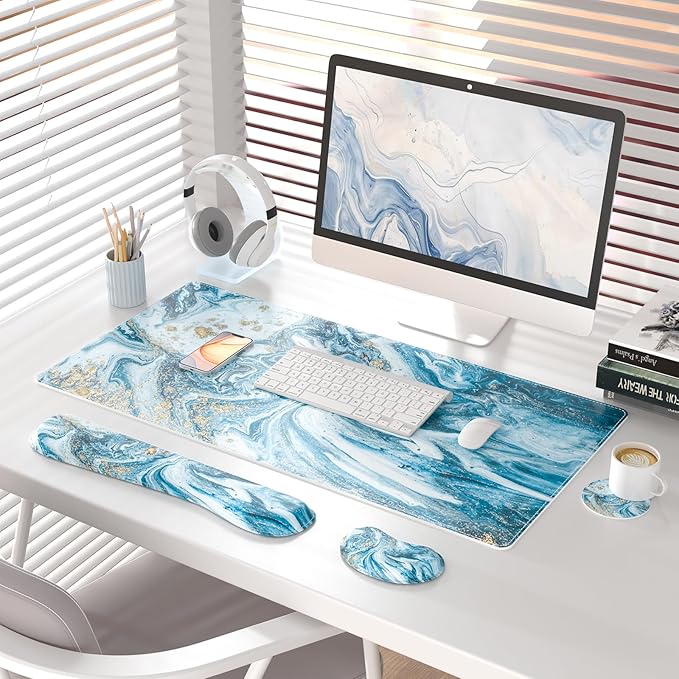 QiyI Leather Desk Mat Set, 4-in-1 Large Mouse Pad with Wrist Rest, Non-Slip Desk Pad + Keyboard Wrist Rest + Mouse Wrist Support + Coaster, Office Desk Accessories Home Decor Supplies, Blue Marble