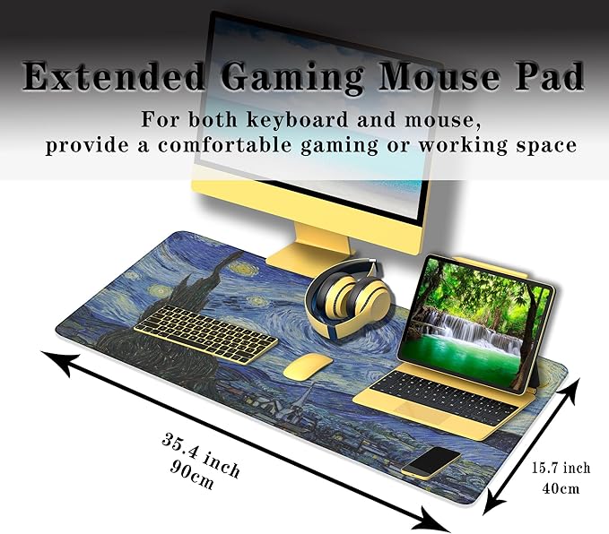 Keyboard Mouse Pad Blue Computer Desk Pads XXL Mousepad Pad for Mouse Non-Slip Rubber Base Waterproof with Stitched Edges 35.4" X 15.7" for Game Office, The Starry Night