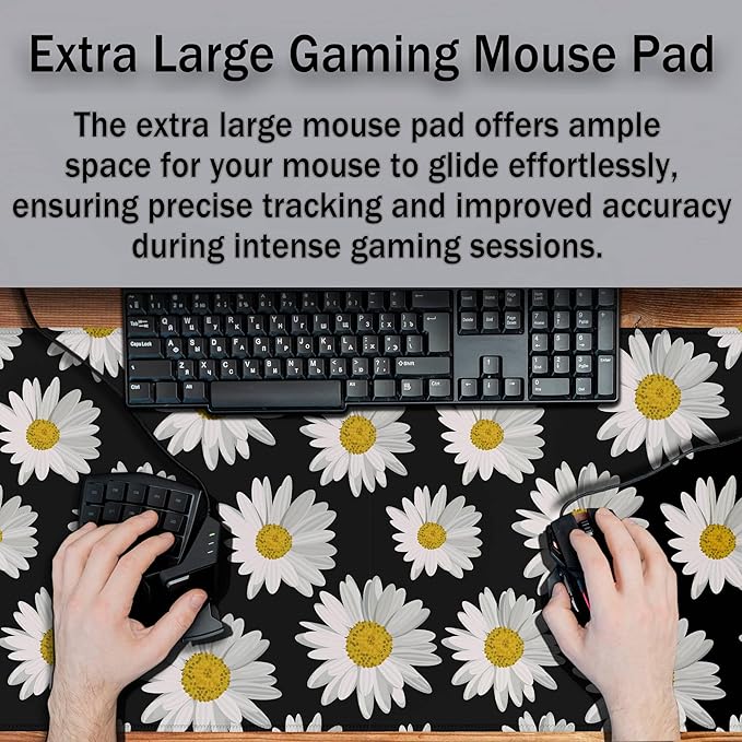 Big Mouse Pad Black Desk Pad Large Gaming Mousepads Pc Mouse Pads Office Items Non-Slip Rubber Base Waterproof with Stitched Edges 35.4 X 15.7 for Game Office, White Daisies