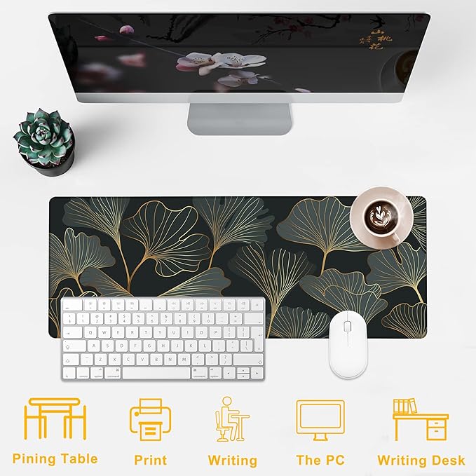 Desk Mat Ginkgo Leaves Desk Pad for Keyboard and Mouse, Large Mousepad with Stitched Edges for Work Game Office, 31.5 x 11.8 in