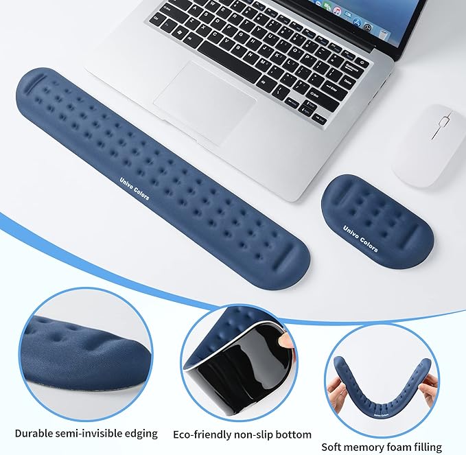 UnivoColors Navy Keyboard Wrist Support and Mouse Wrist Rest Set, Made of Memory Foam Soft Gel, Ergonomic Pad for Computer, Laptop, Mouse, Office, Gaming
