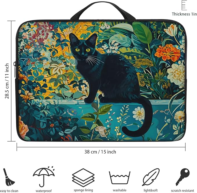 Laptop Sleeve Bag with Handle Computer Protective Soft Cover Case for 14 Inch 13 Inch Laptop,Black Cat Flowers