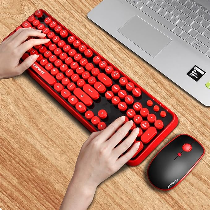 FOPETT Wireless Keyboard and Mouse Combo, 104 Keys Full-Sized 2.4 GHz Round Keycap Colorful Keyboards, USB Receiver Plug and Play, for Windows, Mac, PC, Laptop, Desktop (Black Red)