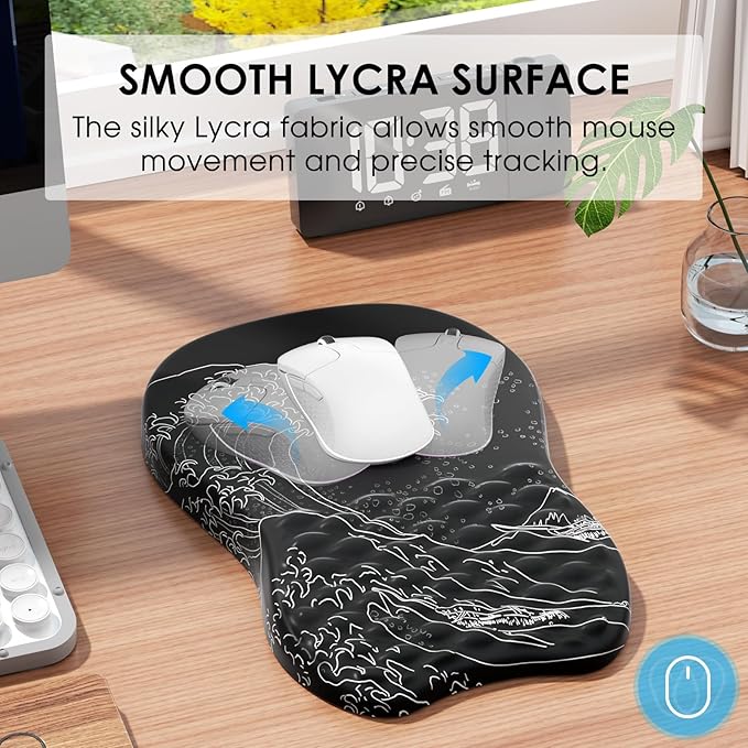 MROCO Ergonomic Mouse Pad with Wrist Support, Wrist Rest Mousepads for Carpal Tunnel Pain Relief, Memory Foam Pad with Massage Bulge and Non-Slip Base for Office, Home, Kanagawa Wave