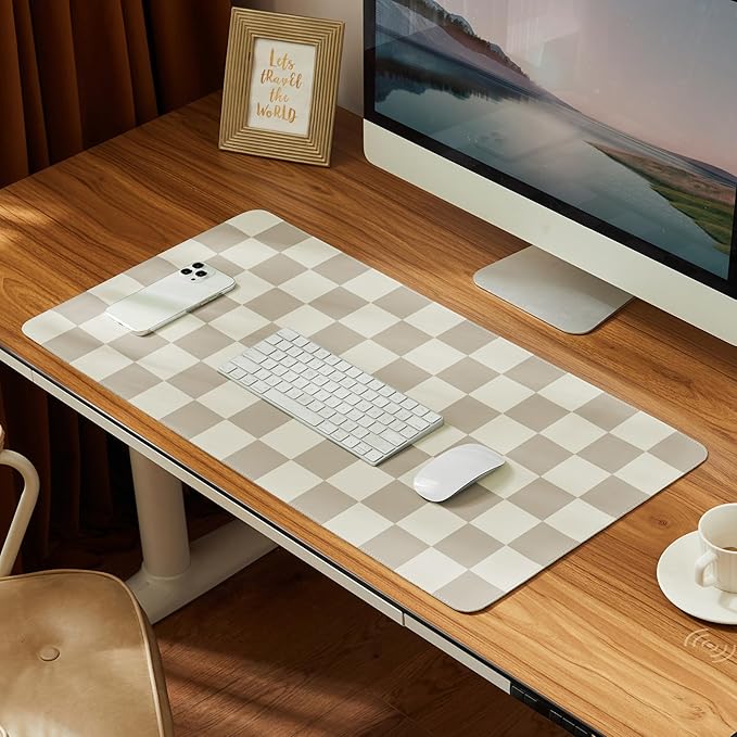 Checkered Desk Mat, Large Cute Aesthetic Retro PU Leather Computer Laptop Desk Mat, Non-Slip Waterproof Mouse Keyboard Pad, Desk Writing Mat for Work/Home (Khaki, 23.6" x 13.7")