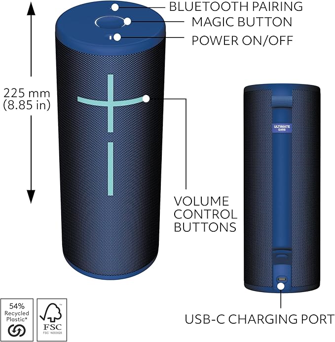 Ultimate Ears MEGABOOM 4 Portable Waterproof Bluetooth Speaker with Powerful 360-Degree Sound and Thundering Bass, Floating Speaker with 20-Hour Battery and 147ft (45m) Range - Blue