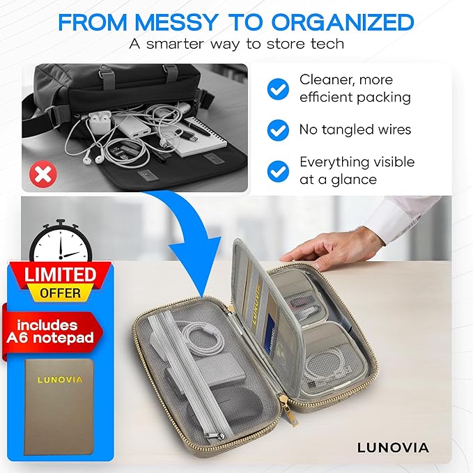 Hard Shell Tech Organizer – Protective Travel Case for Cables, Chargers & Accessories | Mid-Size Electronics Organizer with Removable Pouches