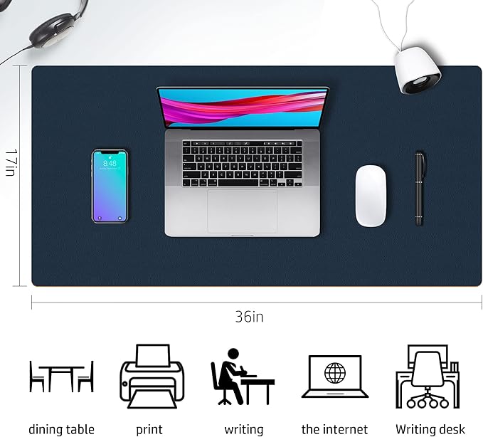 Aothia Double-Sided PU Leather Desk Pad - Non-Slip Large Mouse Pad & Desk Mat for Office, Home - Waterproof, Easy to Clean, Durable Dual-Sided Surface(Dark Blue,36" x 17")