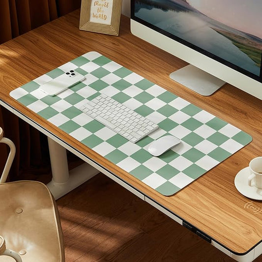 Checkered Desk Mat, Large Cute Aesthetic Retro PU Leather Computer Laptop Desk Mat, Non-Slip Waterproof Mouse Keyboard Pad, Desk Writing Mat for Work/Home (Sage, 23.6" x 13.7")