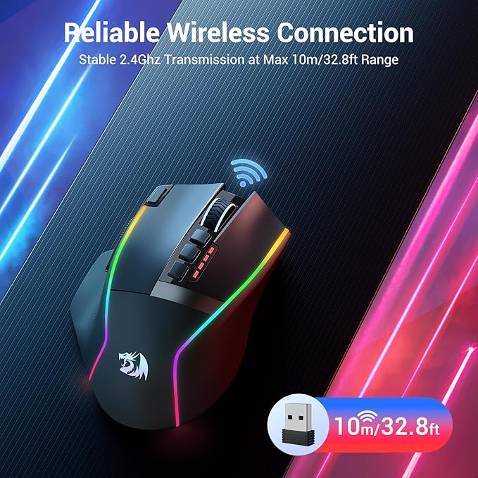 Redragon Wireless Gaming Mouse, Ergonomic Mouse 16000 DPI with Rapid Fire Key, 9 Macro Buttons, 170-Hour Durable Power Capacity and RGB Backlight Wired/Wireless Mouse for Laptop/Mac/PC