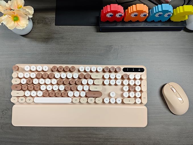 Wireless Keyboard and Mouse Combo, Round Keycaps, Full-Size Retro Typewriter Keyboard with Magnetic Wrist Rest, Tilt Legs, 2.4GHz Cordless for Mac, Windows PC, Laptop, SABLUTE CK23, Latte Beige