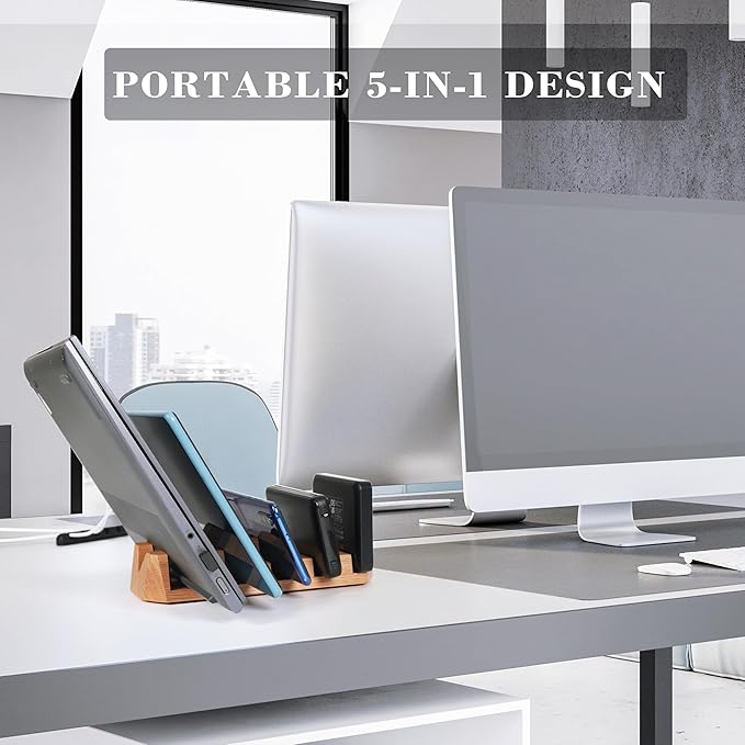 Oak Multi-Device Organizer with Cord Organizer and Anti-Scratch Pads Accessories Set – Vertical Stand for Laptops, Tablets, Phones, and external Hard Drives – Desk station Dock for Home Office