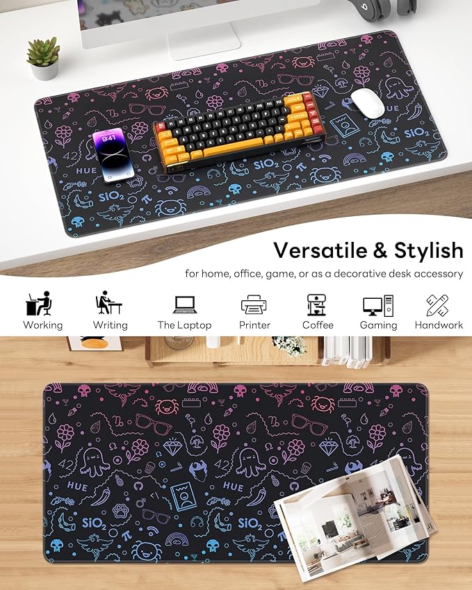XL Gaming Mouse Pad, 31.5x15.7'' Large Desk Mat with Anti-Slip Rubber Base & Stitched Edges for Gaming, Office, Home - Cute Graffiti