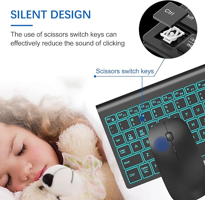 Wireless Keyboard and Mouse Ultra Slim Combo, TopMate 2.4G Silent Compact USB 2400DPI Mouse and Scissor Switch Backlit Keyboard Set, for PC/Laptop/Windows/Mac/Gaming - Matte Black