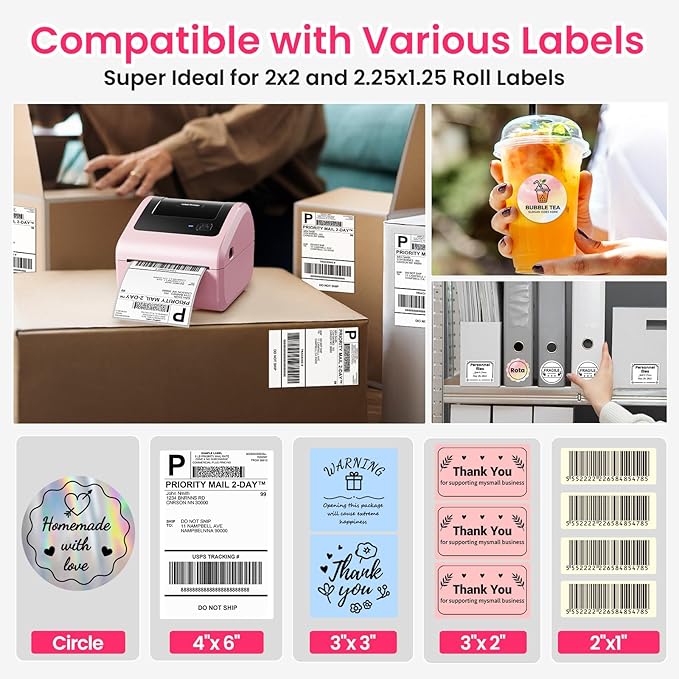 Bluetooth Shipping Label Printer with 3 Roll Labels, D450BT Pink Thermal Label Printer 4x6 for Small Business, Thermal Printers Come with 750PCS 4x6‬ White Labels (250 Labels/Roll)