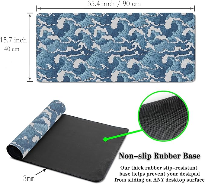 Large Desk Pads Blue and White Desktop Pad, Pc Mouse Pad Keyboard Mat, Desk Pad Gaming Waterproof Non-Slip Rubber Base, 35.4 X 15.7 inch for Work/Game/Office/Home Japanese Abstract Waves