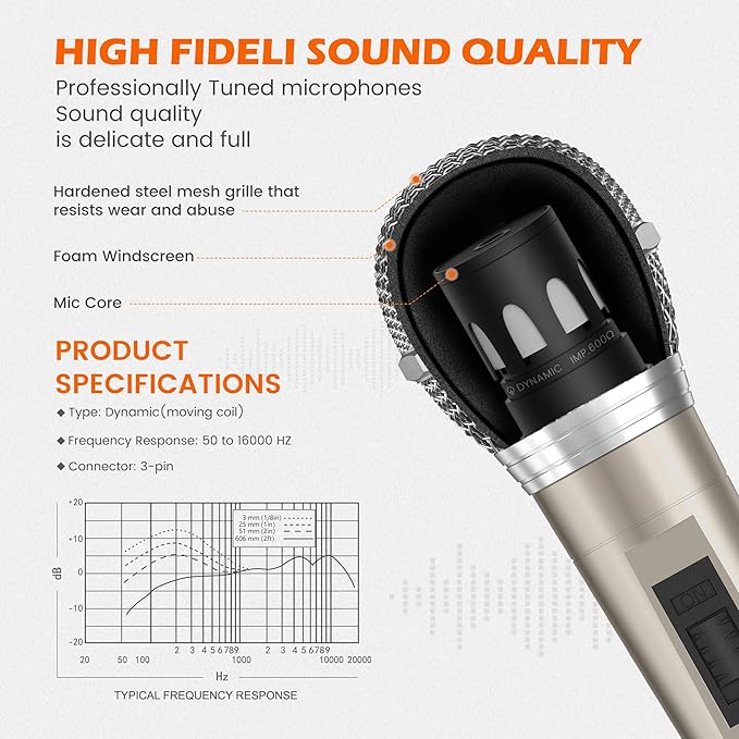 Wired Microphone for Singing, Metal Female, ON/Off Switch, Professional Vocal Dynamic Mic with 20ft & 6.5ft XLR Audio Cable, Cardioid Studio Microfono for Podcasting and Recording, Gold-L52