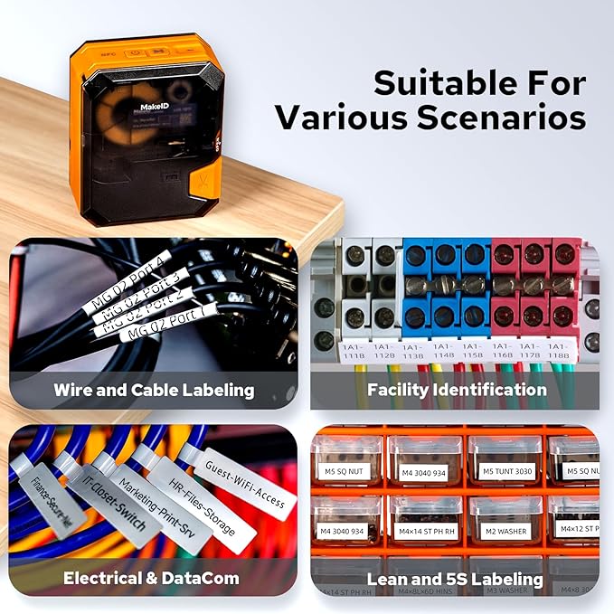 Makeid P31S Portable Industrial Label Printer, 1" Print Head with Bluetooth, Mobile/PC Software, with 0.75" x 19.68ft Label for Wire, Cable & Heat Shrink Tubes at Job Sites.