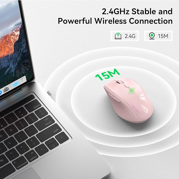 TECKNET Wireless Mouse, 2.4G USB Computer Mouse with 6-Level Adjustable 4800 DPI, 30 Months Battery, Ergonomic Grips, 6 Buttons Portable for PC, Chromebook, Mac - Pink