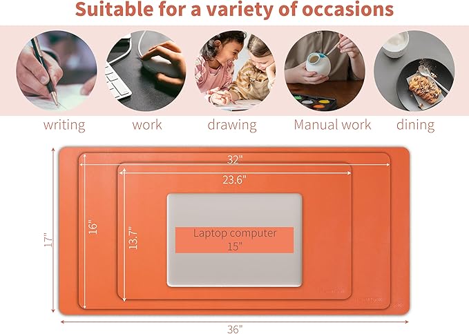 RENMTURE PU Mouse Pad, Faux Leather Large Desk Pad, Home Work Office Accessories, Non-Slip Desk Mat, Waterproof Gaming Pad Desk Blotter (36"x17", Orange)
