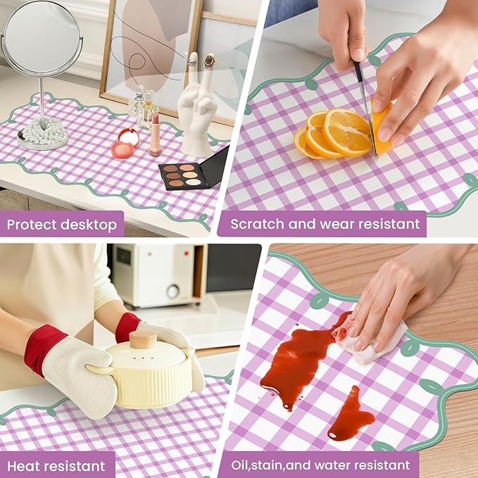 Leather Desk Pad, Desk Mat Mouse Pad, Non-Slip Mousepad Waterproof PU Table Blotter for Computer Laptop Extra Large Keyboard Mat for Women Girl Office Home Dorm, Green Scalloped +Hot Pink Checkered