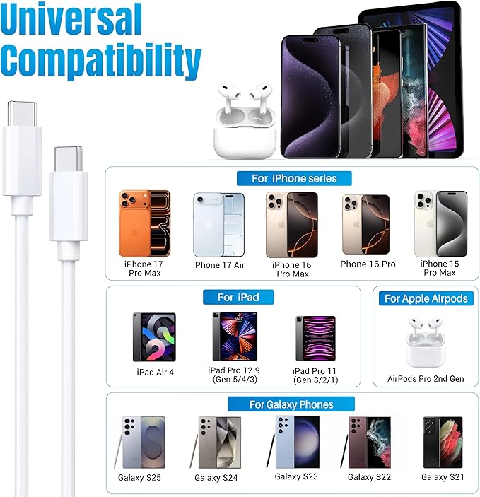 TT&C 30W USB-C Super Fast Charger with 10ft Type C Cable, PD Wall Block Compatible with iPhone 17/16/15 Pro Max/Air, iPad Pro, and Galaxy S25/S24-1 Pack