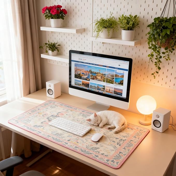 XXL Large Floral Mouse Pad - Pink Flower Desk Mat with Stitched Edges & Anti-Slip Base, Cute Computer Keyboard Mat for Office & Home, Desk Decor for Women