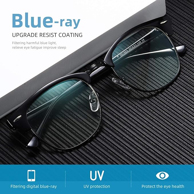Blue Light Blocking Glasses Vintage Half Frame UV Clear Lens Anti Eyestrain Computer Gaming Glasses for Women Men (G09-matte Black Silver+green leopard)