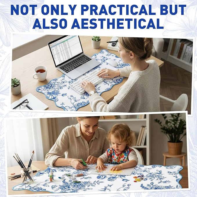 Kingdder Scalloped Desk Mat Large Blue and White Floral Chinoiserie Mouse Pad 31.5" x 15.7" Aesthetic Vintage Nonslip Rubber Base Keyboard Pad for Laptop Computer Dorm Home Office Gaming