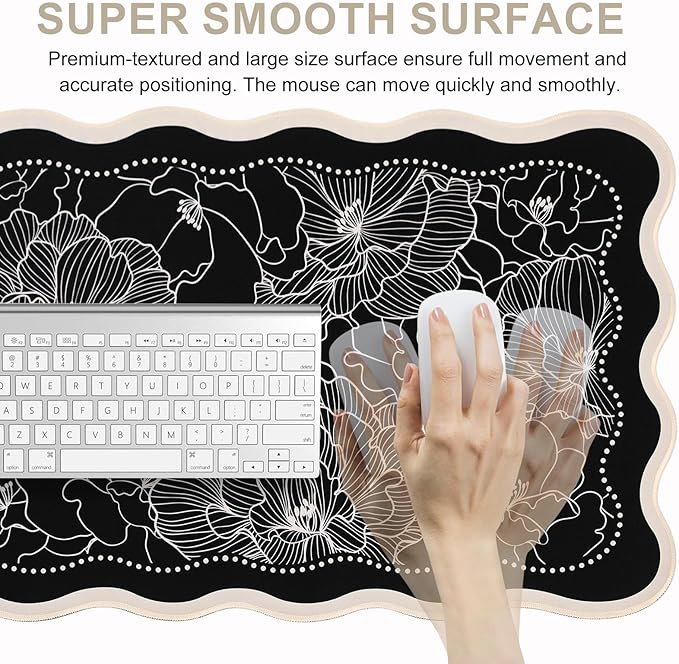 L-SPOUTTO Black Floral Mouse Pad,Vintage Aesthetic Scalloped Desk Mat XXL Large Gaming Mousepad,35.4x15.7in Non-Slip Keyboard Pad Waterproof Desktop Mat for Laptop Computer Work Game Home Office-Peony