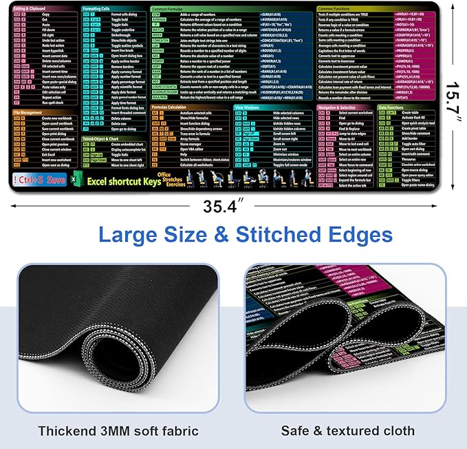 Excel Cheat Sheet Desk Pad, XXL Large Gaming Mouse Pad, Computer Keyboard Mats with Stitched Edges, Non-Slip Rubber Base Laptop Mat for Excel Shortcuts Mousepad Home & Office 35.4" x 15.7"
