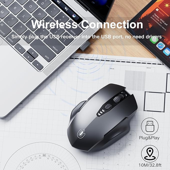 Uineer Wireless Mouse,[Upgraded] Rechargeable 2.4GHz (Battery Level Visible) Ergonomic Computer Mouse,4 Levels DPI, Wireless Mice for Laptop PC Computer(Grey)