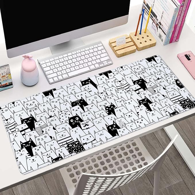 Large XL Gaming Mouse Pad - 31.5 x 11.8 Inch Extended Long Thin Desk Mat for Keyboard Mice with Cute Cartoon Black White Cats