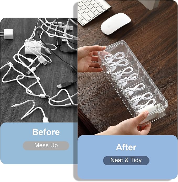 Cable Organizer Storage Box Plastic Cable Cord Management Box Power Cord Organizer Case with 10Pcs Rubber Ties for Office, Home, Desk Accessories Storage Stationery Supplies