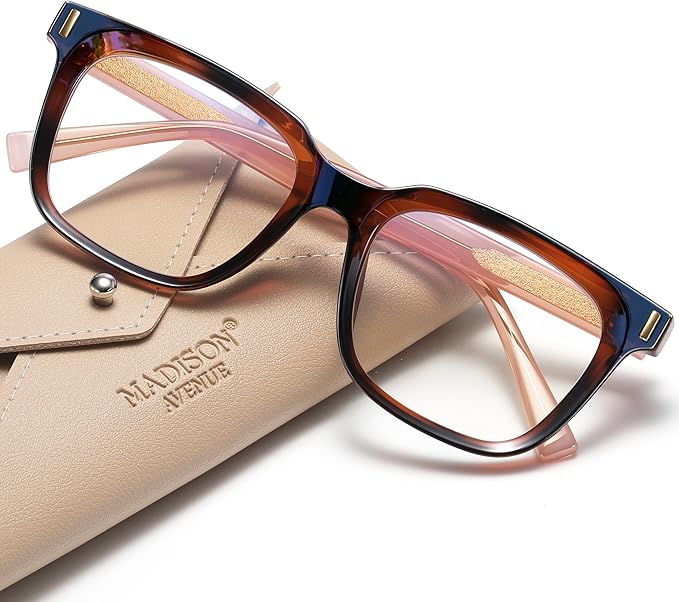 Madison Avenue Trendy Sqaure Blue Light Blocking Glasses for Women with Case, Stylish Anti Glare Glasses for Computer