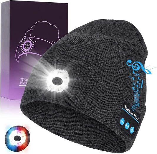 Bluetooth Beanie with Light, USB-C Charging 5 LED Flashlight Hat, Built-in Stereo Speakers Mic, Christmas Stocking Stuffers White Elephant Gifts for Men Dad Teens Boys for Camping Fishing