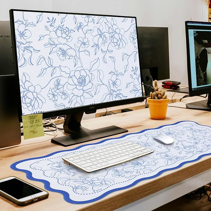 L-SPOUTTO Vintage Floral Mouse Pad,Aesthetic Desk Mat XXL Large Scalloped Gaming Mousepad,35.4x15.7in Non-Slip Keyboard Pad Waterproof Desktop Mat for Laptop Computer Work Game Home Office-Blue