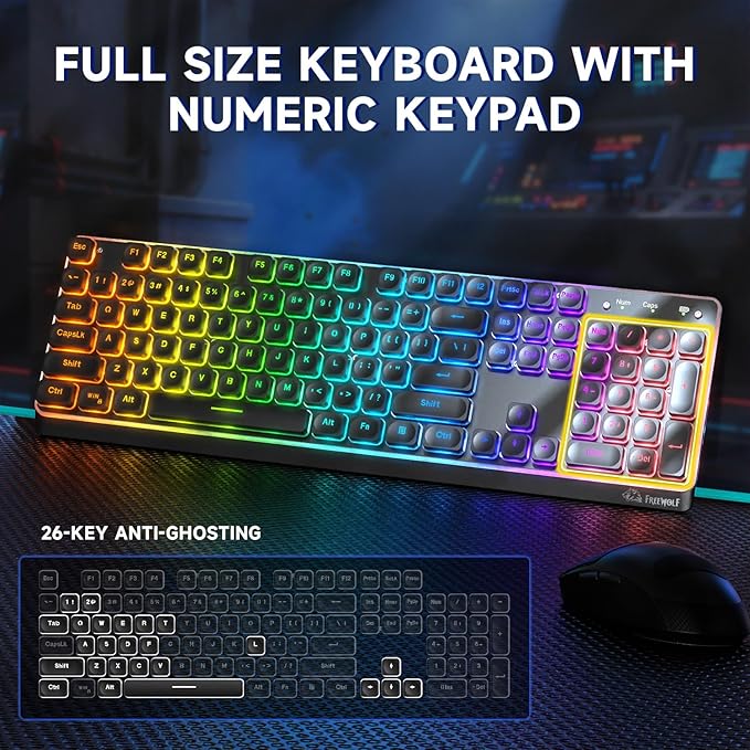 M104 Wireless Gaming Keyboard with Metal Panel Wired/Bluetooth Mechanical Feel Membrane Full Size Keyboard with Numeric Keypad RGB 4000MAH Rechargeable Quiet for PC Gamer-Black