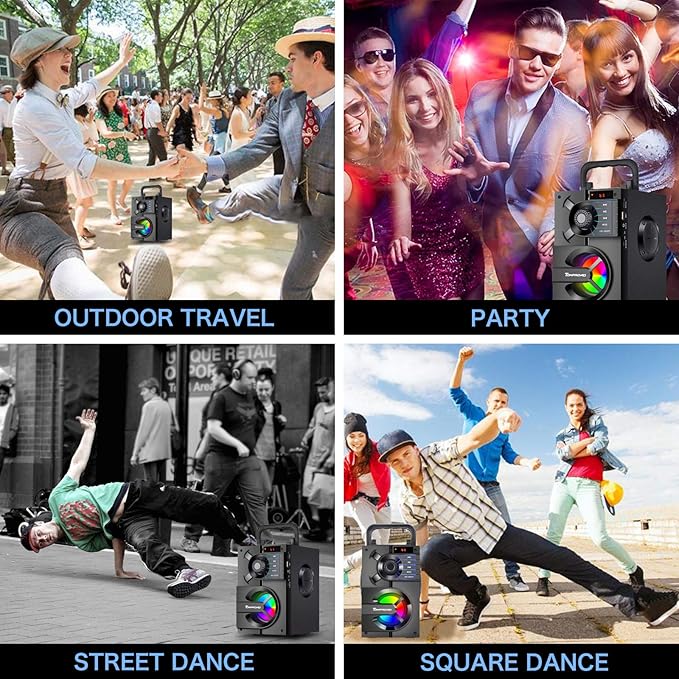 Bluetooth Speaker, Portable Bluetooth Speakers with Subwoofer Wireless Stereo Sound Rich Bass Outdoor Party Speakers Support Remote Control FM Radio LED Lights