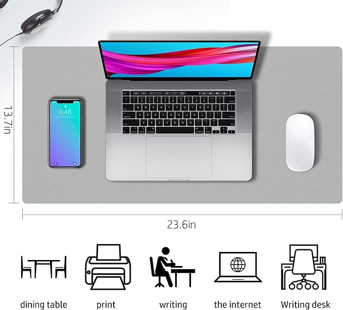 Aothia Double-Sided PU Leather Desk Pad - Non-Slip Large Mouse Pad & Desk Mat for Office, Home - Waterproof, Easy to Clean, Durable Dual-Sided Surface (23.6"x13.7", Grey)