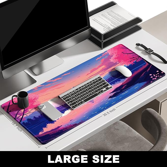 BOSOBO Large XXL XL Extended Gaming Mouse Pad - Desk Mat for Office & Home, Long Keyboard Mat, Desktop Full Cover 35.5 x 15.7 Inches, Anime Tranquil